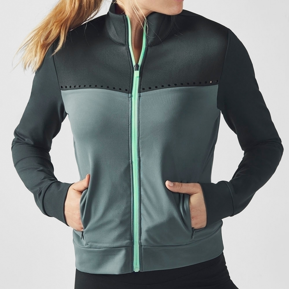 Fabletics Women's Medium Cleo Jacket Full Zip Athletic Evergreen Dusty Blue